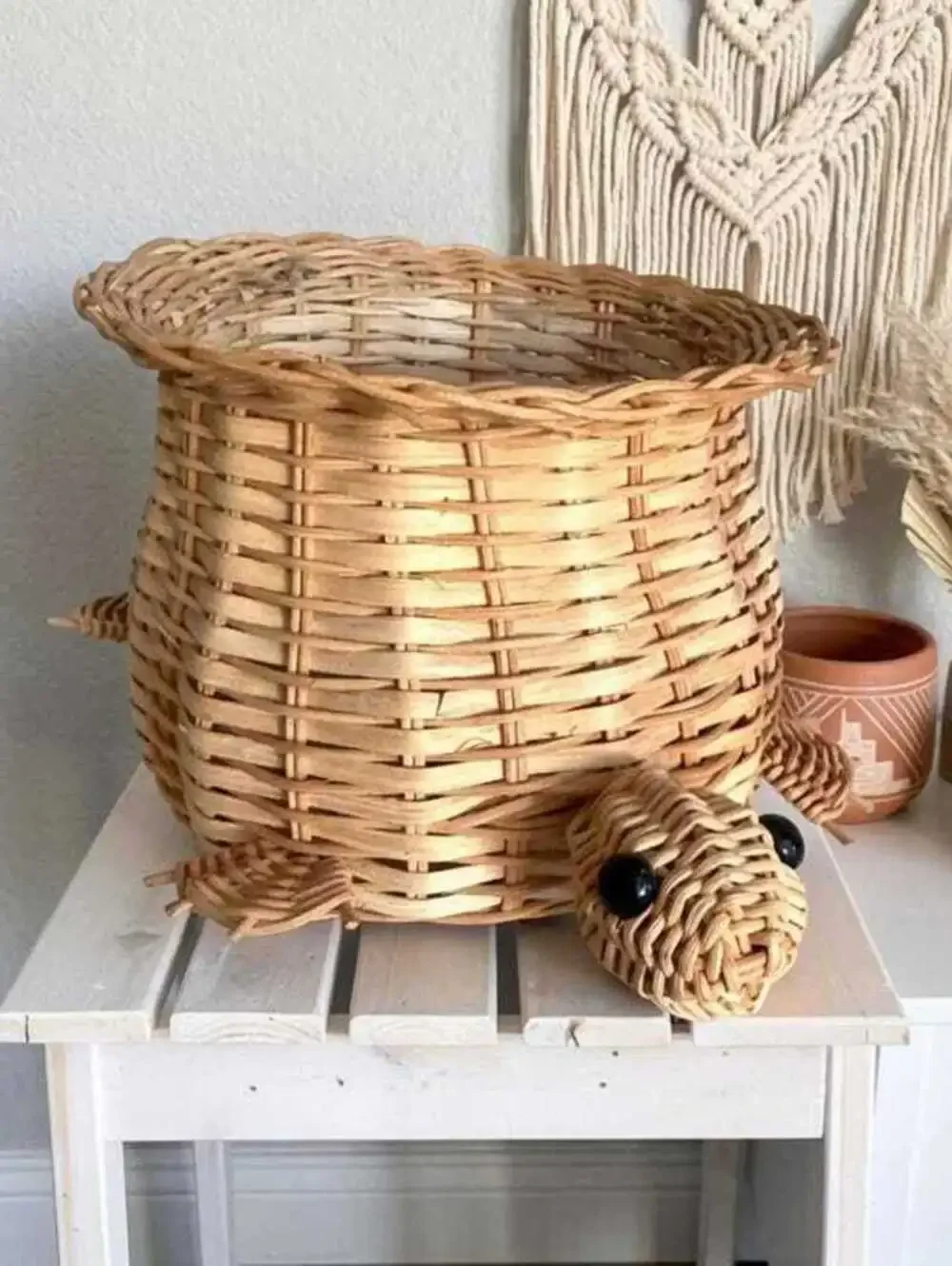 Vintage Wicker Turtle Basket with Black Bead Eyes, Mid-Century Handmade Rattan